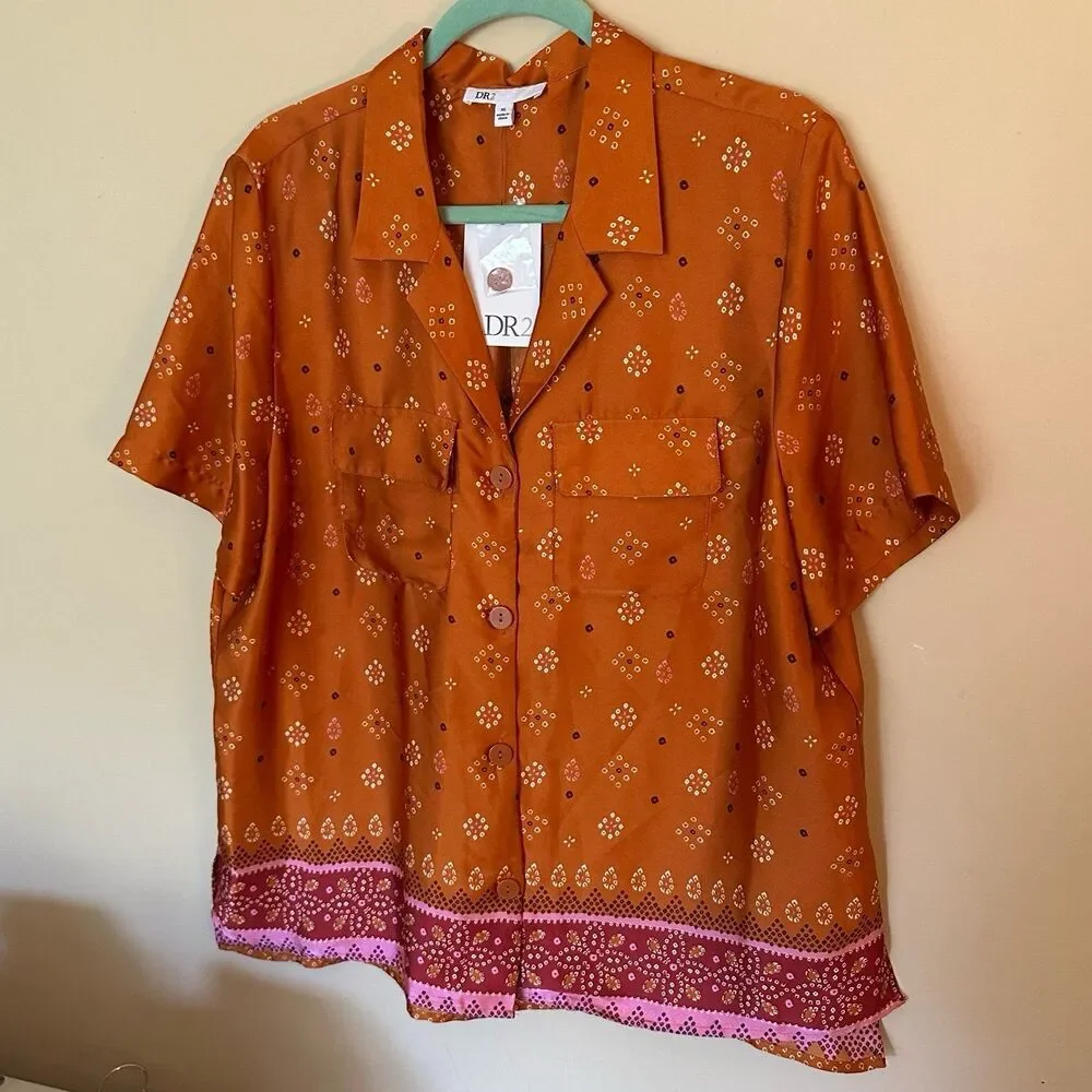 DR2 by Daniel Rainn Orange Print Silky Satin Camp Shirt Size XL NEW NWT